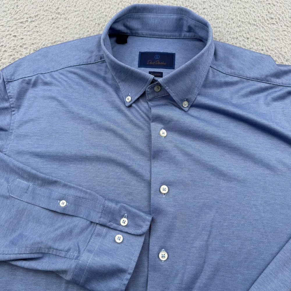 David Donahue Fusion Button Down Shirt Mens XL 17.5 Blue Textured Cotton